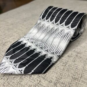 Berlioni Silk Tie Black Silver Geometric Gothic Arch Pattern Formal Mens Necktie
